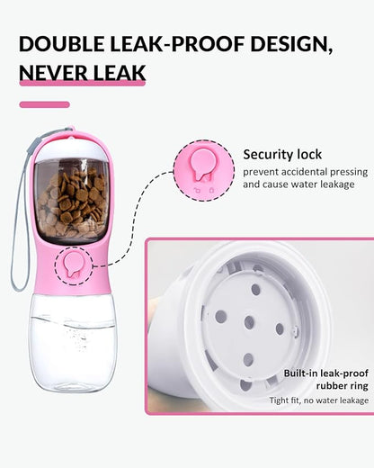 Dog Water Bottle 2 in 1, Leak Proof Portable Pet Water Bottle with Food Container, Outdoor Portable Water Dispenser for Cat, Puppy for Walking, Hiking, Camping, Travel(10oz Pink)