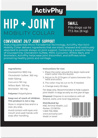 Hip + Joint Mobility Collar for Dogs with Glucosamine, Chondroitin, MSM, and More | Convenient & Easy | 30 Days of Continuous Support | Water Resistant (Small)