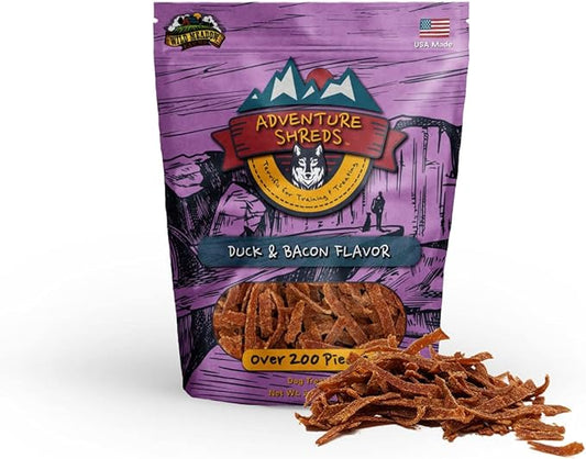 Wild Meadow Farms - Adventure Shreds Duck & Bacon Dog Treats, Soft & Thin Dog Treats for Training & Rewards, Grain-Free Snacks for Pets of All Breeds and Ages - 2.5 Ounce Pouch