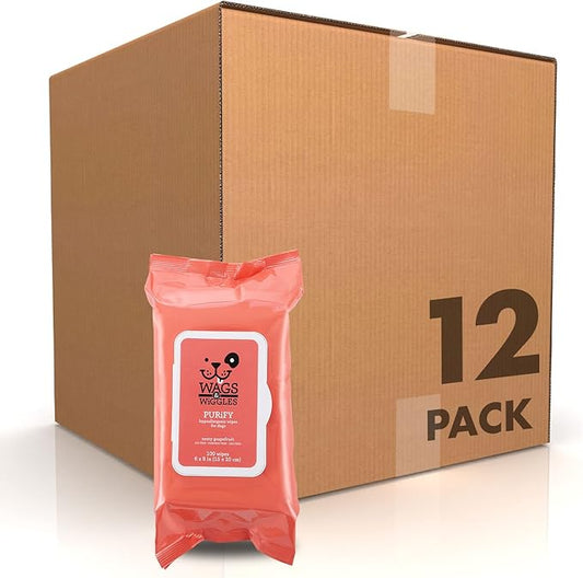 Wags & Wiggles Purify Hypoallergenic Wipes for Dogs Gently Clean & Condition Your Dog's Coat without A Bath Zesty Grapefruit Scent Your Dog Will Love, (Pack of 12, 1200 Count Total)