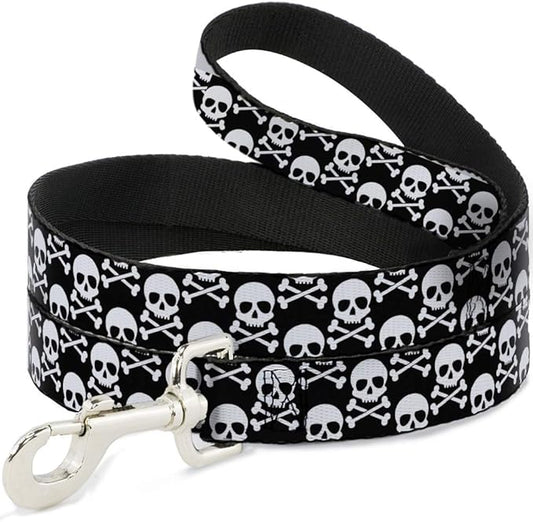 Dog Leash Skull Cross Bones Staggered Black White 6 Feet Long 1.0 Inch Wide