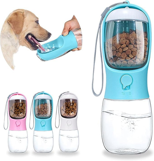 Dog Water Bottle 2 in 1, Leak Proof Portable Pet Water Bottle with Food Container, Outdoor Portable Water Dispenser for Cat, Puppy for Walking, Hiking, Camping, Travel(10oz Blue)