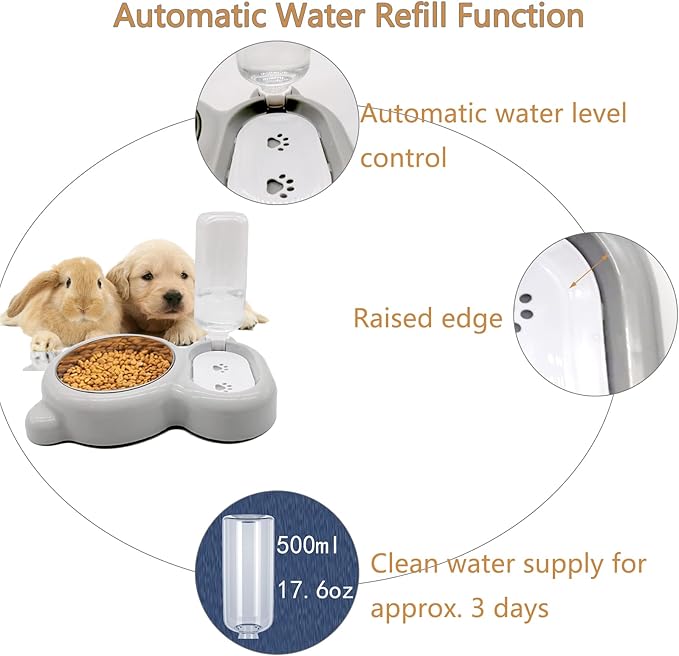 Tfwadmx Pet Double Dishes Rabbit Food Water Dispenser Set Cat Self Filling Bowls No Spill Dog Automatic Waterer Bottle Anti Gravity Feeder Cute Detachable Stainless Steel Bowl for Kitten Puppy Bunny