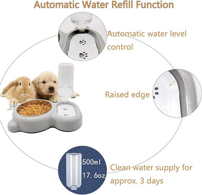 Tfwadmx Pet Double Dishes Rabbit Food Water Dispenser Set Cat Self Filling Bowls No Spill Dog Automatic Waterer Bottle Anti Gravity Feeder Cute Detachable Stainless Steel Bowl for Kitten Puppy Bunny
