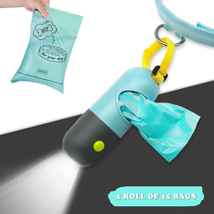 Dog Poop Bag Dispenser with Flashlight|Dog Poop Bag Holder with Leash Clip|Hands-Free Leash Poop Bag Holder with Straps and 1 Roll Dog Waste Bags (Crystal Blue)