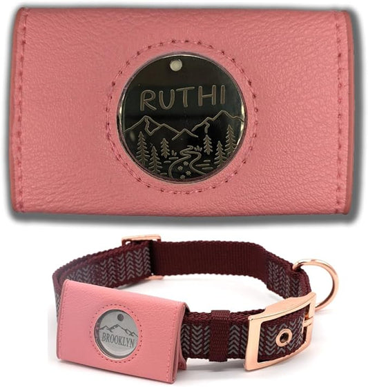 Dog Collar ID Holder - Dog Tag Silencer - No Noise Dog Tag Pouch for Dog Collar - Dog ID Tag Protector - Pockets for Dog accessories, Rabies Tags, Poop bags - Slide on Dog ID - Pet tag (Pink)