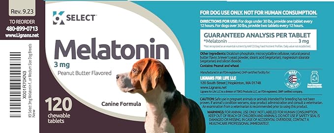 3mg Melatonin for Dogs - Adrenal Support and Sleep Support - 120 Peanut Butter Flavored Tablets - Dog Melatonin for Medium Size Dog Breeds