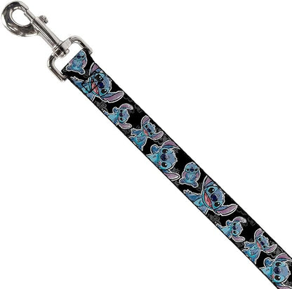 Buckle-Down Pet Leash - Stitch Poses/Hibiscus Sketch Black/Gray/Blue - 4 Feet Long - 1.5" Wide