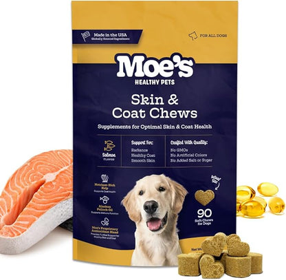 Moe’s Skin & Coat Omega 3, 6, 9 and Vitamin Supplement for Dogs- Supports Dryness, Itch Relief, & Thick, Shiny Coats- Premium Wild Alaskan Salmon Oil- For All Ages and Breeds- 90 Salmon Flavored Chews