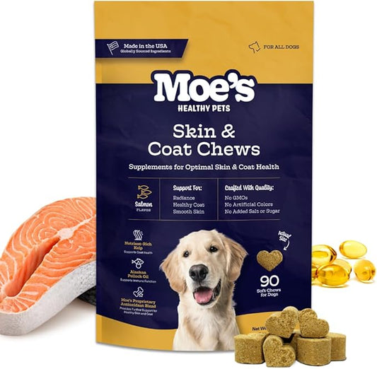 Moe’s Skin & Coat Omega 3, 6, 9 and Vitamin Supplement for Dogs- Supports Dryness, Itch Relief, & Thick, Shiny Coats- Premium Wild Alaskan Salmon Oil- For All Ages and Breeds- 90 Salmon Flavored Chews