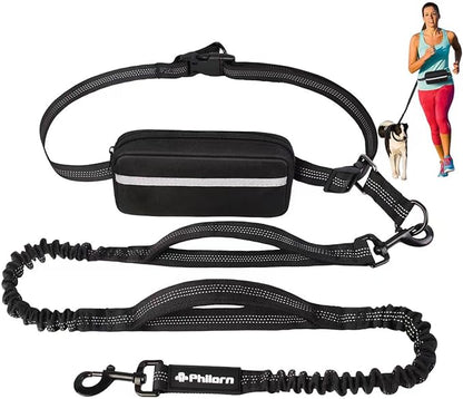 Philorn Hands Free Dog Leash with Pouch, Adjustable Waist Leash for Dog Walking, Running Leash for Medium Large dogs, Waist Dog Leash with Dual Handles and Durable Bungee for Jogging Hiking (Black)