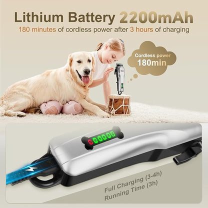 Dog Clippers for Grooming Low Noise Rechargeable Cordless Pet Hair Grooming Clippers, Professional Heavy Duty Dog Grooming Kit Dog Trimmer Shaver for Dogs Cats Pets (Silver)