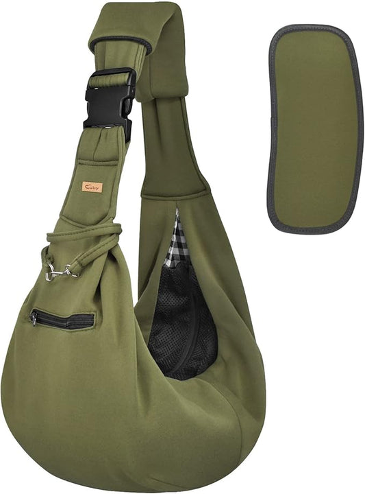 CUBY Dog and Cat Sling Carrier - Hands Free Reversible Pet Papoose Bag - Soft Pouch and Tote Design - Suitable for Puppy, Small Dogs Cats Outdoor (Green, Adjust strap 2.0)
