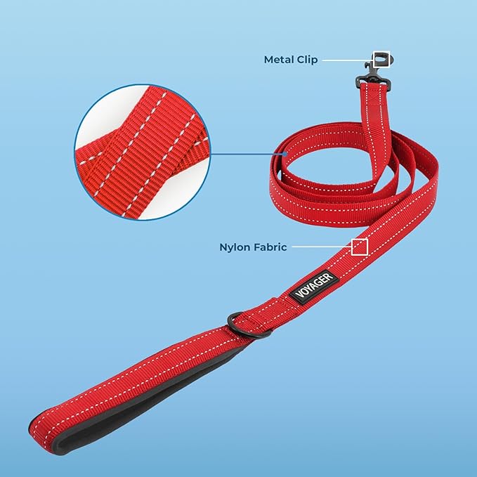 Voyager Reflective Dog Leash Collar Set with Neoprene Handle Supports Small, Medium, and Large Breed Puppies, Cute and Heavy Duty for Walking, Running, and Training - Red, S