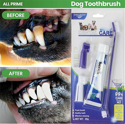 Dog Toothbrush Kit,4-Piece Set with Toothpaste Fingerbrush,Cat Teeth Cleaning,Pet Oral Dental Care Fresh Breath Brush,Cute Puppy Whitening Cleansing for Small Large Dogs,Beef Flavor