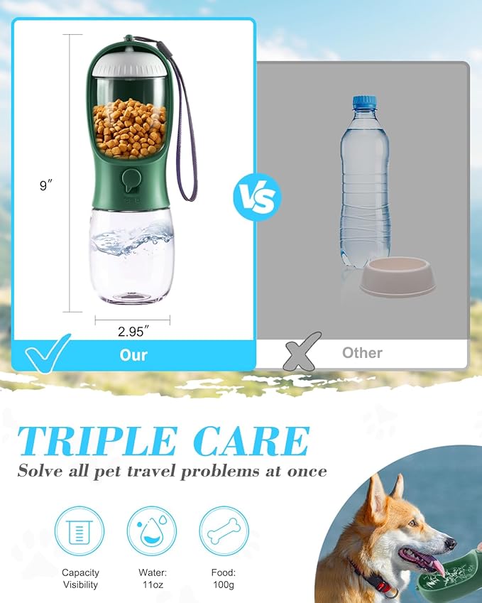 Dog Water Bottle 2 in 1, Leak Proof Portable Pet Water Bottle with Food Container, Outdoor Portable Water Dispenser for Cat, Puppy Supply for Walking, Hiking, Camping, Travel(10oz Ink Green)