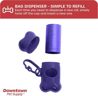 Downtown Pet Supply 960 Count Dog Poop Bags Refills with Leash Clip and Bone Bag Dispenser, Purple - Dog Waste Bags Unscented and Leak-Proof with Dog Poop Bag Dispenser - 12.5 x 8.5"