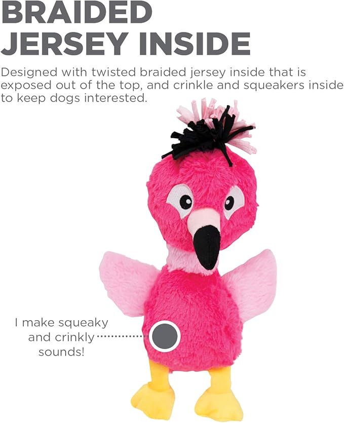 Outward Hound Braidy Budz Pink Flamingo Dog Toy - Cozy Plush Outside with Twisted Braided Jersey Inside, Small
