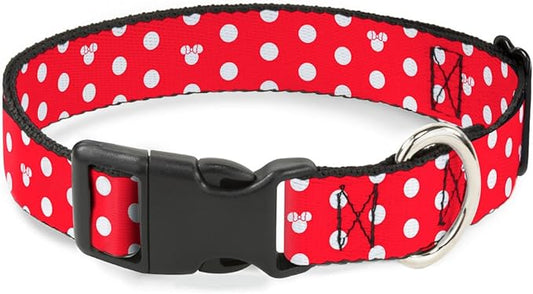 Buckle-Down Plastic Clip Collar - Minnie Mouse Polka Dot/Mini Silhouette Red/White - 1.5" Wide - Fits 18-32" Neck - Large