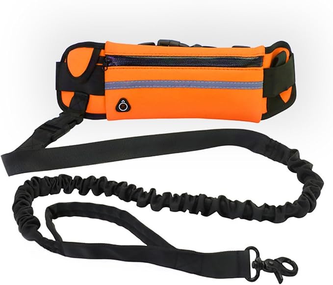 Hands Free Dog Leash with Pouch,Adjustable Waist Belt Fanny Pack Dual-Handle Reflective Bungee Leash for Medium to Large Dogs for Running Walking Training Jogging,Orange