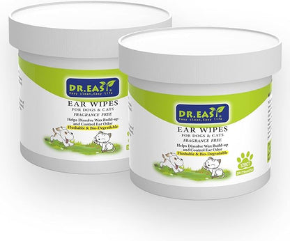 Dr.Easy Pet Ear Grooming Wipes 240ct for Dogs &Cats Fragrance Free,Helps Dissolve Wax Build-Up and Control Ear Odor,flushable & Compostable,Stop Ear Itching Natural Cleansing (240ct)