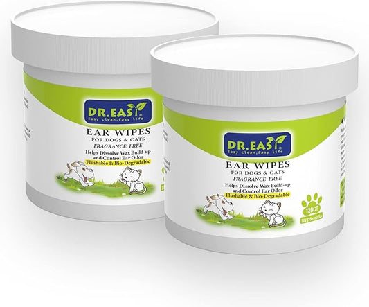 Dr.Easy Pet Ear Grooming Wipes 240ct for Dogs &Cats Fragrance Free,Helps Dissolve Wax Build-Up and Control Ear Odor,flushable & Compostable,Stop Ear Itching Natural Cleansing (240ct)