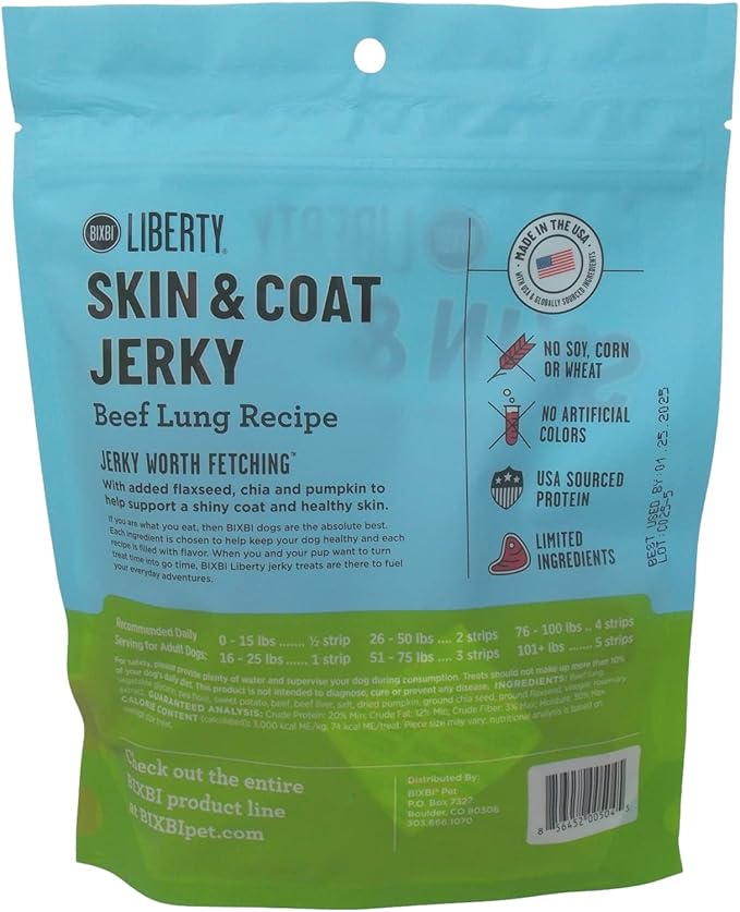 Bixbi Liberty Skin & Coat Jerky Dog Treats 2 Flavor Variety, (1) Each: Beef Lung, Chicken (5 Ounces) Plus Rope Toy and Fun Facts Booklet Bundle