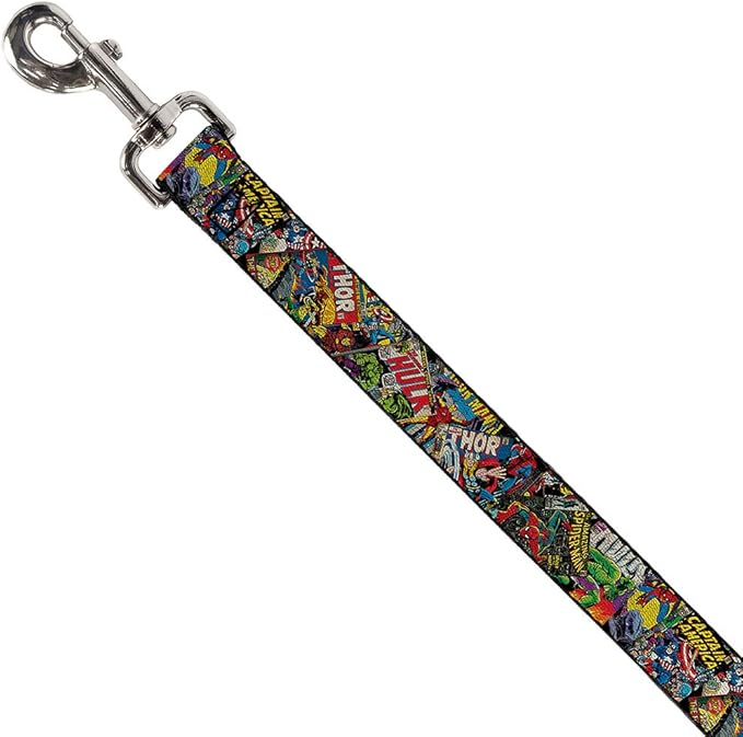 Buckle-Down Dog Leash Retro Marvel Comic Books Stacked Close Up 6 Feet Long 1.0 Inch Wide, Multicolor (DL-6FT-WAV035)