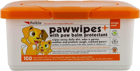 Paw Wipes Plus, 100 Orange Scented Wipes - Absorbent Pet Paw Wipes Remove Daily Dirt & Odors - Enriched with Paw Balm Protectant - Easy to Use Pet Wipes for Dogs, Cats, Puppies & Kittens