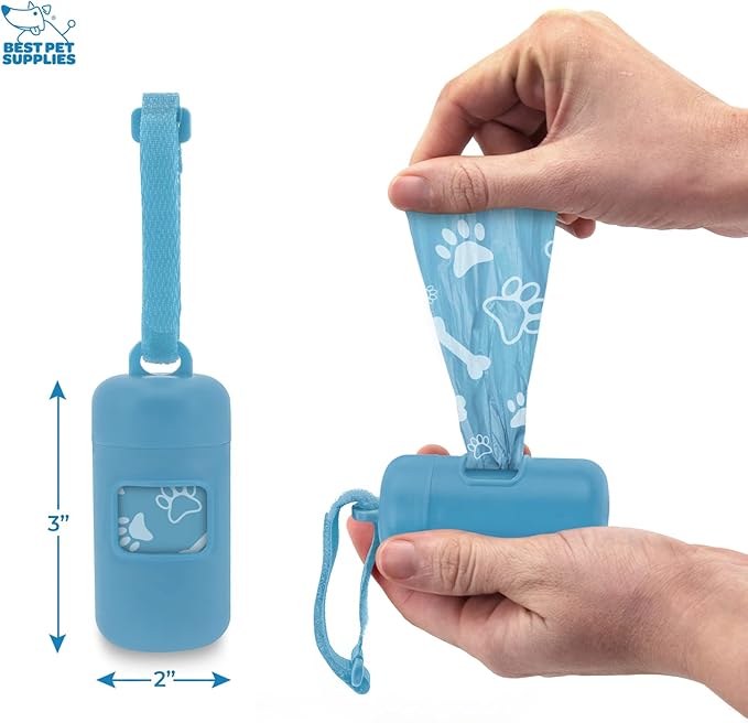 Best Pet Supplies Dog Poop Bag Holder Leash Attachment with 30 Bags Reusable Dispenser for Travel, Walking, Park, and Outdoor Use, Durable with Clip-On - Baby Blue, Pack of 2