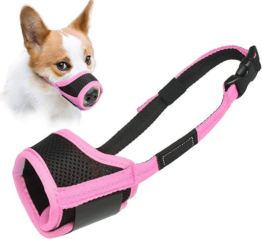 LUCKYPAW Dog Muzzle Anti Biting Barking and Chewing with Comfortable Mesh Soft Fabric and Adjustable Strap, Suitable for Small, Medium and Large Dogs(Pink Trim,XS)