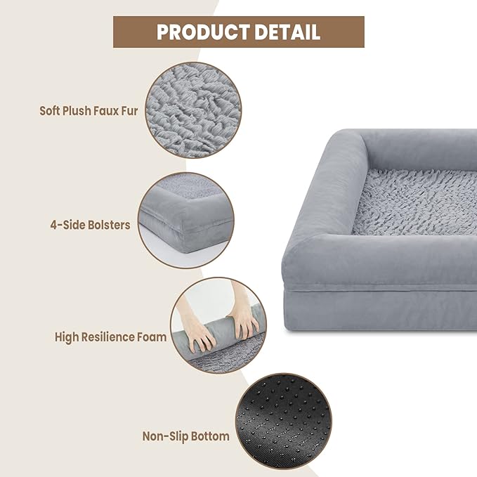Large Dog Bed, Grey Orthopedic Gel Memory Foam Dog Bed, Washable Dog Bed with Removable Cover, Waterproof Non-Slip Bottom Big Dog Couch Bed