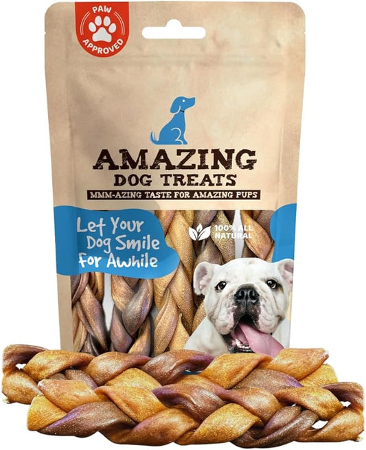 Amazing Dog Treats - 6 Inch Braided Collagen Sticks for Dogs - (10 Count) - Collagen Bully Sticks for Dogs - 95% Natural Collagen Sticks for Dogs - No Hide Bones for Dogs