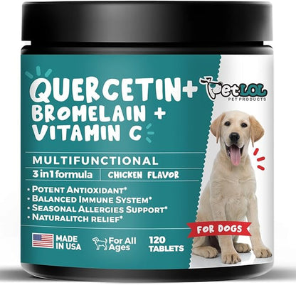 Quercetin for Dogs with Bromelain and Vitamin C | 3-in-1 Supplement for Dog Allergies, Immune Support, Itch Relief, Promote Inflammatory Relief & Antioxidant Activity | 120 Chewable Tablets