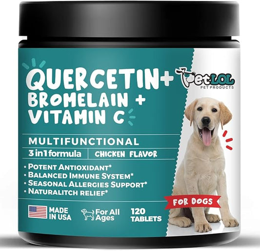 Quercetin for Dogs with Bromelain and Vitamin C | 3-in-1 Supplement for Dog Allergies, Immune Support, Itch Relief, Promote Inflammatory Relief & Antioxidant Activity | 120 Chewable Tablets