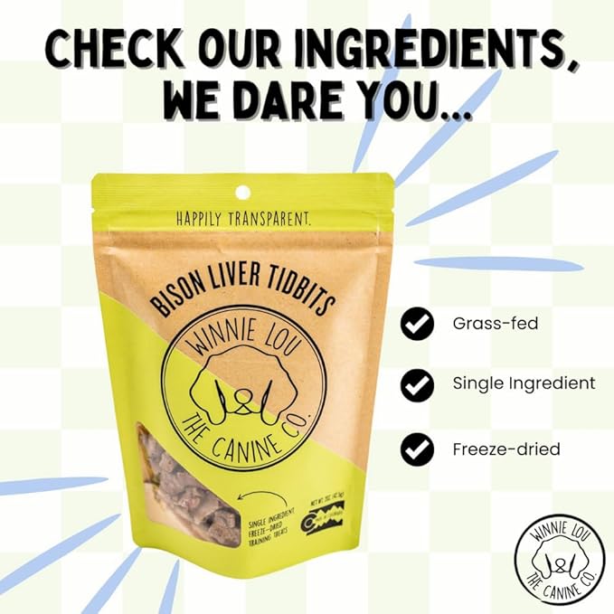 Winnie Lou Organic Dog Treats, Bison Liver Tidbits Jerky Human Grade Dog Treats for All Sized Breeds, All Natural Dog Treats with No-Added Sugar, Glycerin & Preservatives, Made in USA, 2.5 Oz (71g)