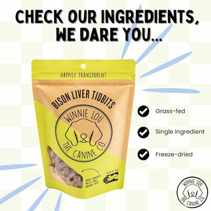 Winnie Lou Organic Dog Treats, Bison Liver Tidbits Jerky Human Grade Dog Treats for All Sized Breeds, All Natural Dog Treats with No-Added Sugar, Glycerin & Preservatives, Made in USA, 2.5 Oz (71g)