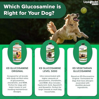 LIQUIDHEALTH 128 Oz K9 Liquid Glucosamine for Dogs, Puppies and Seniors - Chondroitin, MSM, Hyaluronic Acid – Dog Hip and Joint Health, Dog Vitamins for Dog Joint Pain, Dog Joint Oil - 1 Gallon