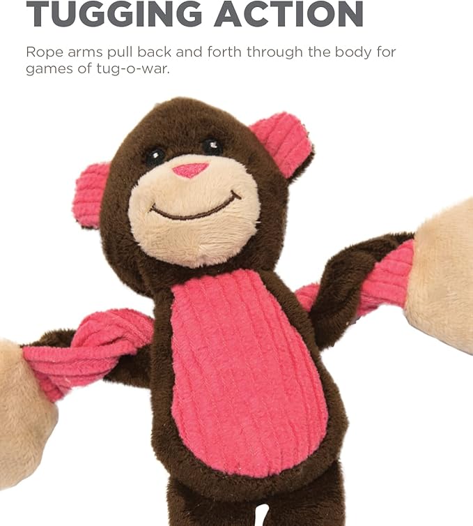 Outward Hound Baby Pulleez Monkey Squeaky Plush Dog Toy with Ropes for Pull-Through Tugging Action