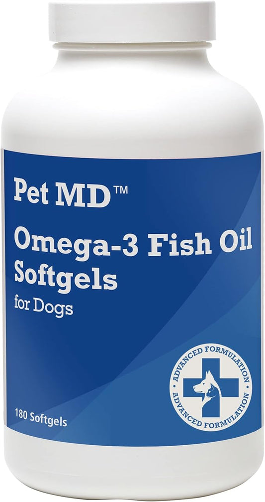 Pet MD – Omega 3 Fish Oil Supplement for Dogs – Skin and Coat Support for Dogs – 180 Softgels
