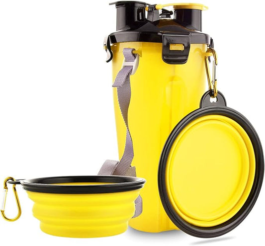 Dog Travel Water Bottle Collapsible Bowls, 2 in 1 Pet Food Container with Collapse Bowls, Outdoor Portable Water Bowls for Walking, Traveling, Camping and Hiking (Yellow)