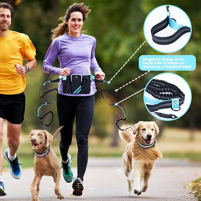Hands Free Dog Leash for 2 Dogs with Dual Bungees, Reflective Stitches & Retractable Waist Leash for Dog Walking, Adjustable Dog Running Waist Belt with Pouch for Running, Walking, Hiking & Jogging