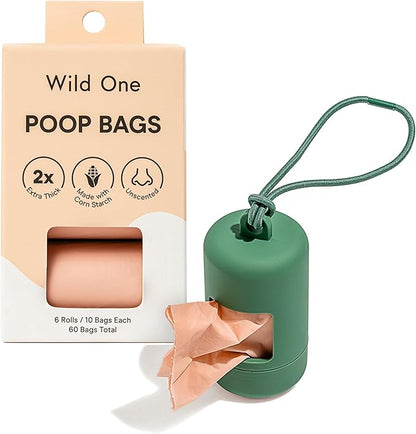 Wild One Dog Poop Bag Holder and Dispenser with Leash Attachment, Leak Proof, Easy Twist Top for Refills, Includes 1 Box Poop Bags, Spruce