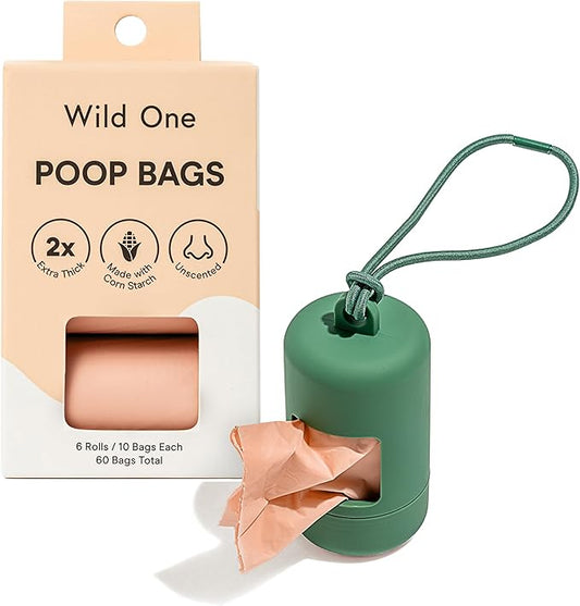 Wild One Dog Poop Bag Holder and Dispenser with Leash Attachment, Leak Proof, Easy Twist Top for Refills, Includes 1 Box Poop Bags, Spruce