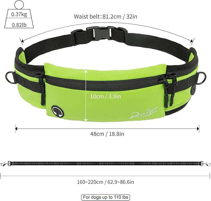 Dog Leash Waist Belt Removable Zipper Pouch for Dog leash Running Leash Hands Free Leash for Dog Training Jogging Green