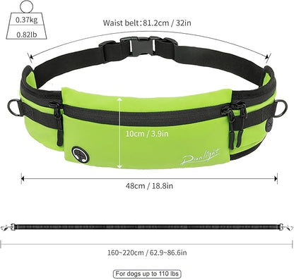 Dog Leash Waist Belt Removable Zipper Pouch for Dog leash Running Leash Hands Free Leash for Dog Training Jogging Green