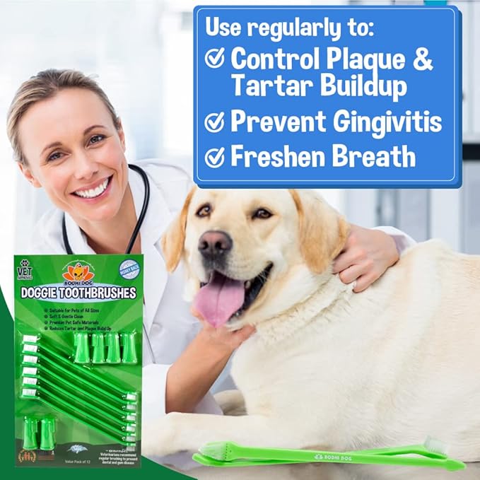 Bodhi Dog Pet Toothbrush Combo Pack | Soft Finger and Dual-Ended Long Toothbrushes | Dog Toothbrush with Soft Bristles for Pet Dental Care | Easy Teeth Cleaning and Gum Health (6 Long & 6 Finger)