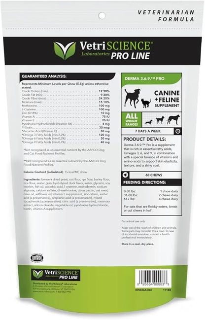 VETRISCIENCE Pro Derma 3.6.9 Pro Skin Supplement for Dogs, 60 Chews