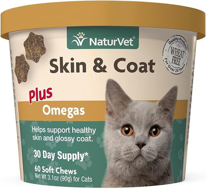 NaturVet – Skin & Coat Plus Omegas for Cats – 60 Soft Chews | Supports Healthy Skin & Glossy Coat | Enhanced with Omega-3, Omega-6 & Biotin | 30 Day Supply