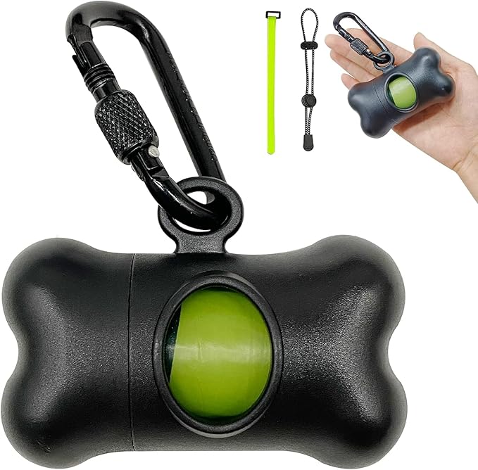 Bag Dispenser Dog Poop Bags Holder Dog Waste Bags Dispenser with Leak-Proof Green Poop Bags for Leash On The Go for Walking Dogs Outdoor(1 Holder 15 Bags,Black)